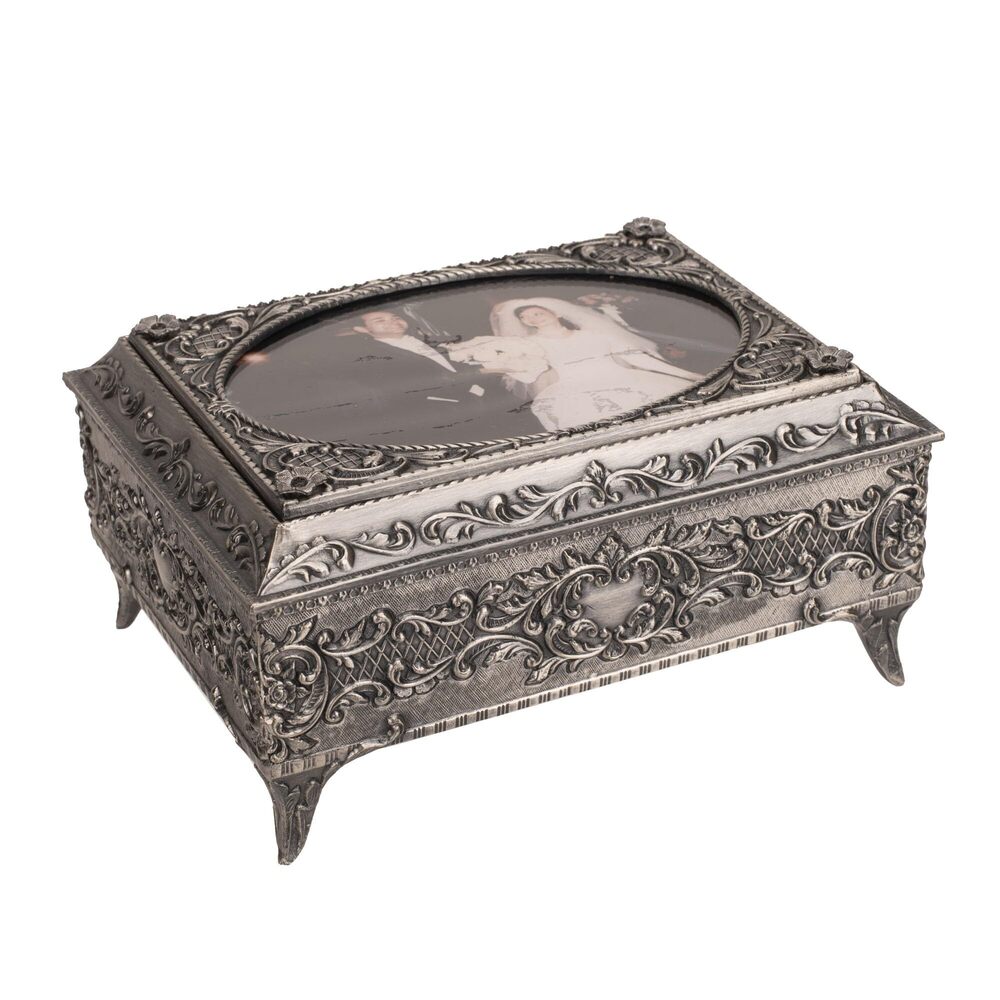 2871 Handcrafted Musical Trinket Photo Frame Jewelry Box, Silver Galvanized